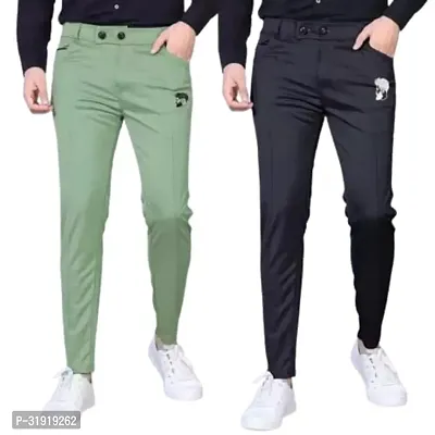 Stylish Multicoloured Cotton Blend Solid Regular Trousers For Men Pack Of 2-thumb0