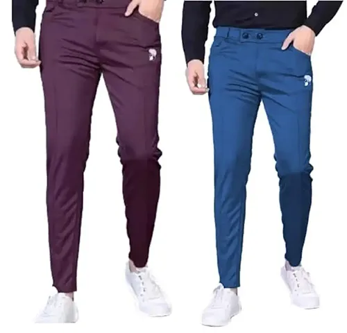 Stylish Multicoloured Cotton Blend Solid Regular Trousers For Men Pack Of 2