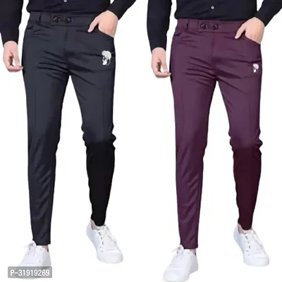 Stylish Multicoloured Cotton Blend Solid Regular Trousers For Men Pack Of 2-thumb0