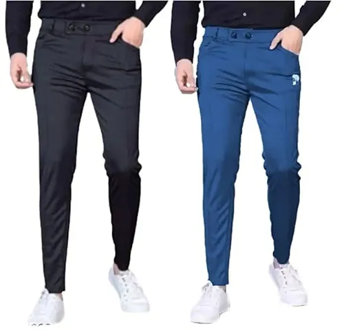 Stylish Multicoloured Cotton Blend Solid Regular Trousers For Men Pack Of 2