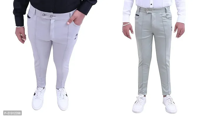 Stylish Multicoloured Polyester Spandex Solid Regular Trousers For Men Pack Of 2-thumb0