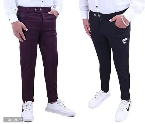 Stylish Multicoloured Cotton Blend Solid Regular Trousers For Men Pack Of 2