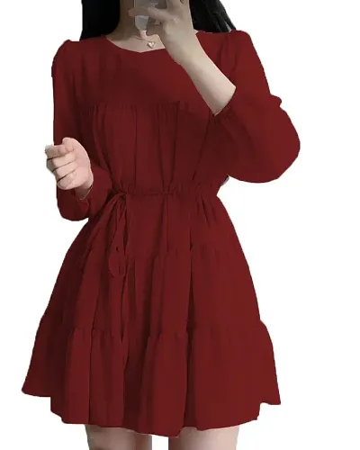 Look & Took Textile Women Dori Belt Dress Korean Three Fourth Sleeve Single Breasted Knee Length Georgette Dresses Streetwear Dress