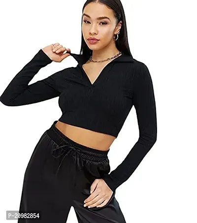 Look  Took Textiles Ribbed Polo Collar Extended Sleeves Tops for Women (Small, Black)-thumb0