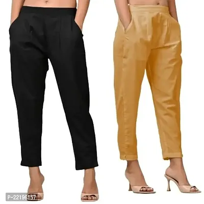 Rakshita Fashions Womens/Girls Regular Fit Casual Cotton Solid Trouser Pants(Pack of 2) (XX-Large, Black-Beige)