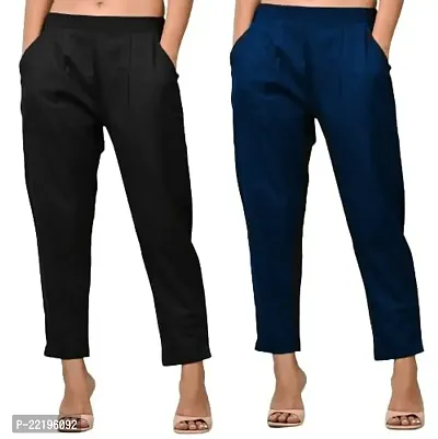 Rakshita Fashions Womens/Girls Regular Fit Casual Cotton Solid Trouser Pants(Pack of 2) (Large, Black-Navy Blue)