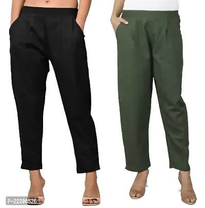 Rakshita Fashions Womens/Girls Regular Fit Casual Cotton Solid Trouser Pants(Pack of 2) (Small, Black-Green)-thumb0