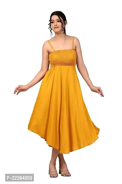 RAKSHITAFASHIONS Women solidshoulder Strap Rayon flayerd Gawn Dress (Medium, Mustard)