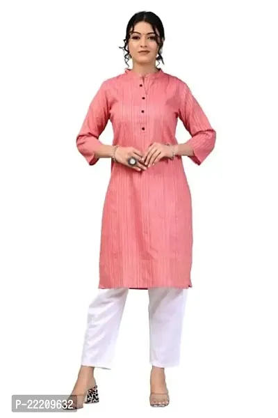 RAKSHITAFASHIONS Women Multicolour Cotton Front Button mandrian Collar Stripped Kurta (Large, Pink)