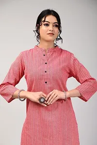 RAKSHITAFASHIONS Women Multicolour Cotton Front Button mandrian Collar Stripped Kurta (Large, Pink)-thumb1