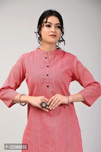 RAKSHITAFASHIONS Women Multicolour Cotton Front Button mandrian Collar Stripped Kurta (Large, Pink)-thumb2