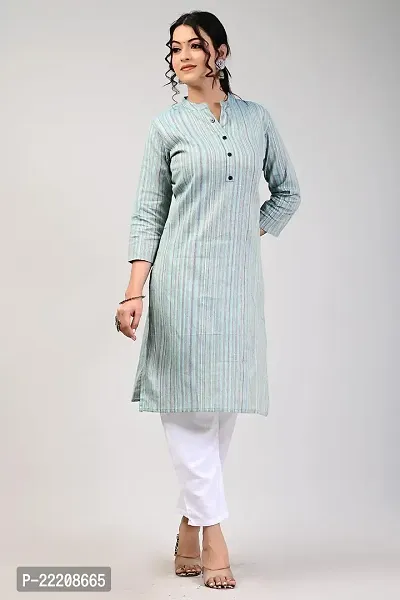 RAKSHITAFASHIONS Women Multicolour Cotton Front Button mandrian Collar Stripped Kurta-thumb2