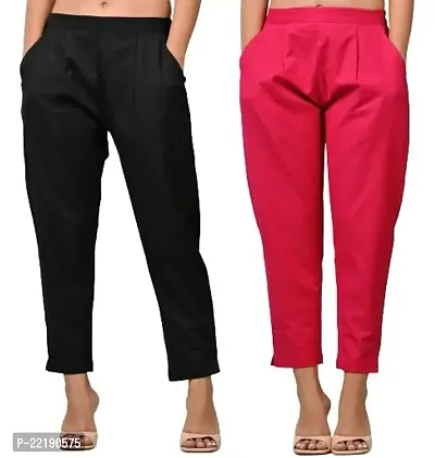 Rakshita Fashions Womens/Girls Regular Fit Casual Cotton Solid Trouser Pants(Pack of 2) (X-Large, Black-Pink)-thumb0