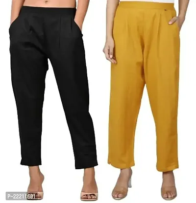 Rakshita Fashions Womens/Girls Regular Fit Casual Cotton Solid Trouser Pants(Pack of 2) (X-Large, Black-Gold)-thumb0