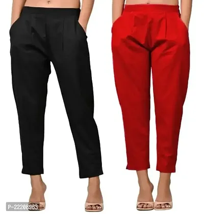 Rakshita Fashions Womens/Girls Regular Fit Casual Cotton Solid Trouser Pants(Pack of 2) (Medium, Black-Red)