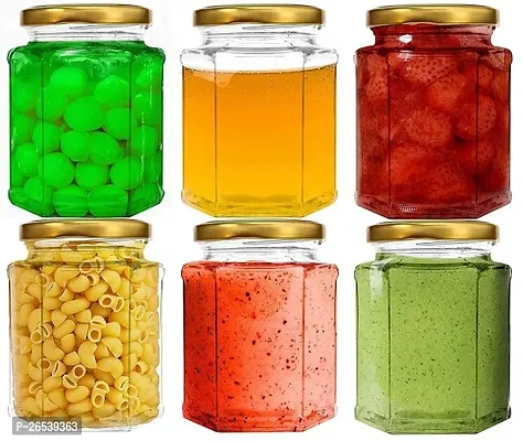 Useful Hexagon Shape Dust Proof Airtight Glass Jar with Air Tight Lid, 500 ml, Pack Of 6