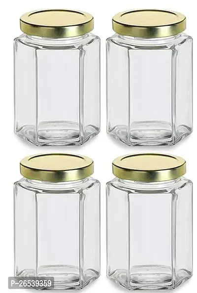 Useful Hexagon Shape Dust Proof Airtight Glass Jar with Air Tight Lid, 500 ml, Pack Of 4