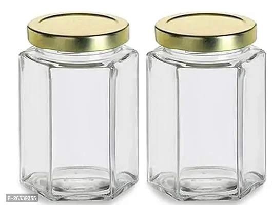 Useful Hexagon Shape Dust Proof Airtight Glass Jar with Air Tight Lid, 500 ml, Pack Of 2