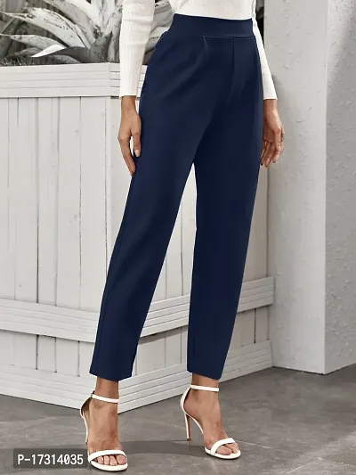 Stylish Navy Blue Poly Lycra Solid Trousers For Women-thumb4