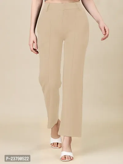 Elegant Beige Lycra Solid Trouser For Women