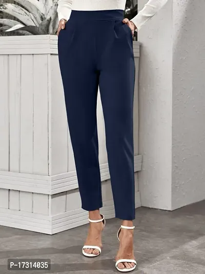 Stylish Navy Blue Poly Lycra Solid Trousers For Women-thumb0