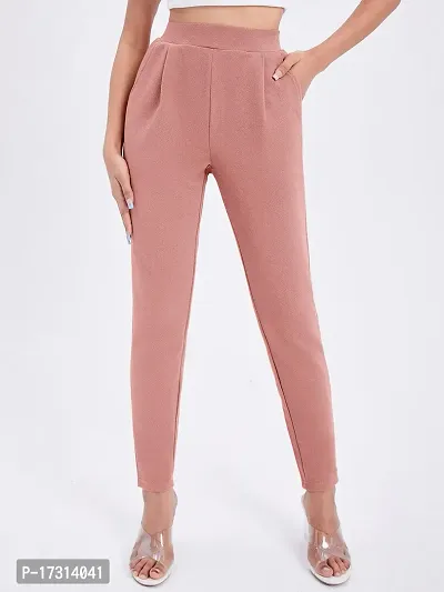 Stylish Peach Poly Lycra Solid Trousers For Women-thumb0