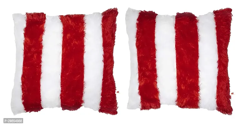 Wondershala Square Fur Cushion Pillow Soft Stuffed Sofa Toy Pack of 2 in Red and White Size 12 Inch-thumb0