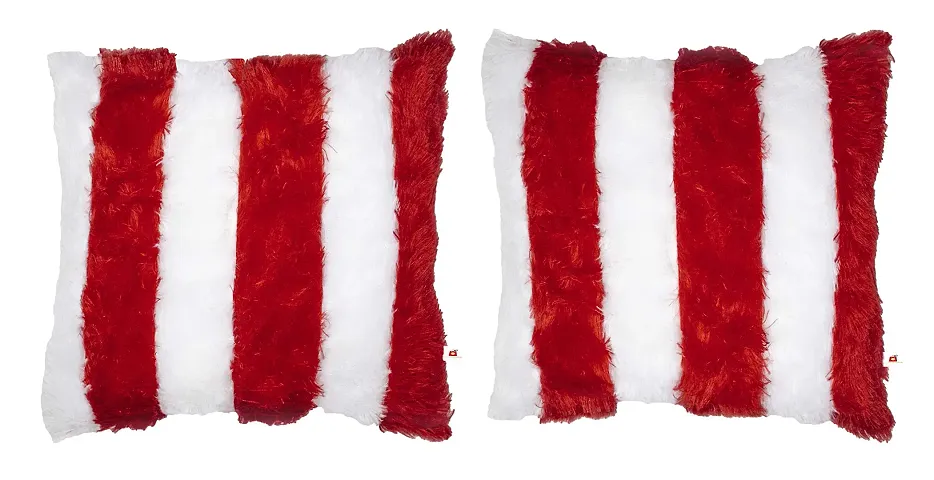 Wondershala Square Fur Cushion Pillow Soft Stuffed Sofa Toy Pack of 2 in Red and White Size 12 Inch