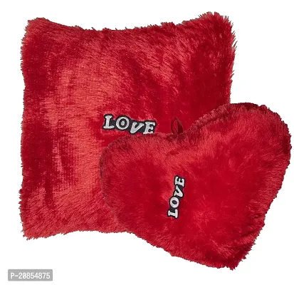 Wondershala Fur Square Pillow Heart Shape Pillow Cushion (Pack of 2) Size 32 cm Red