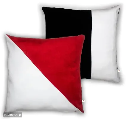 Wondershala Velvet Cushion Square Shape Pillow for Sofa Pack of 2 Black and White Red and White Stripes Pillow-thumb0