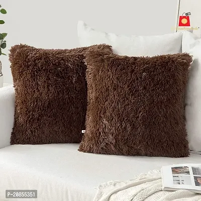 Wondershala Brown Square Cushion Soft Fur Cushion Pillow for car Decoration, Sofa, Home Decor Set of 2, 12x12 inches / 30cm x 30cm-thumb0