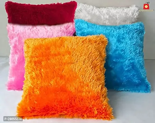 Wondershala Home Decorative Cushion Cover 5pc Set Fur Cushion Covers 16 inch x 16 inch / 40cm x 40cm Multicolor (Red, White, Pink, Sky Blue, Orange)-thumb0