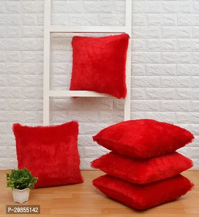 Wondershala? Set of 5 Decorative Red Fur Cushion Covers Fur Pillow Cover Square Shape 16 x 16 Inches Pack of 5
