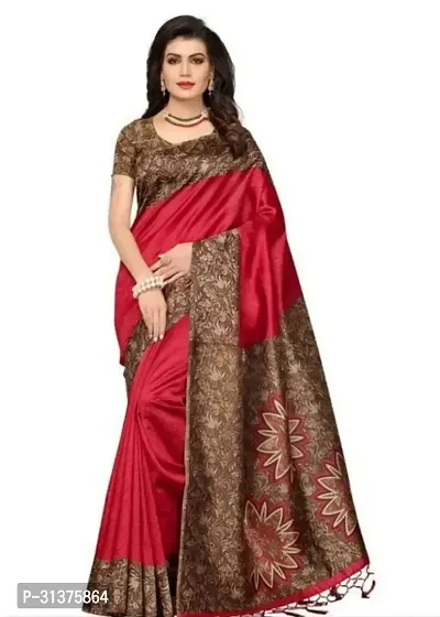 Stylish Cotton Blend Red Printed Saree with Blouse piece For Women