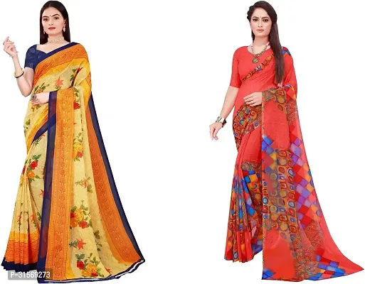 Stylish Georgette Multicoloured Printed Saree with Blouse piece For Women Pack Of 2-thumb0