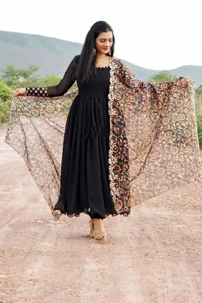 Stylish Fancy Faux Georgette Ethnic Gown With Dupatta Set For Women