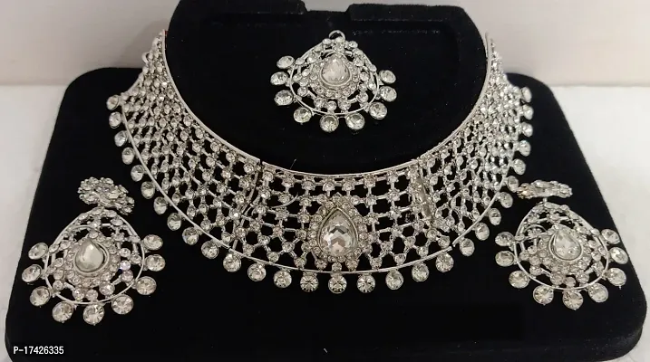 Silver Plated AD Diamond Studded Semi Bridal Style Choker Set With earrings Mangtikka