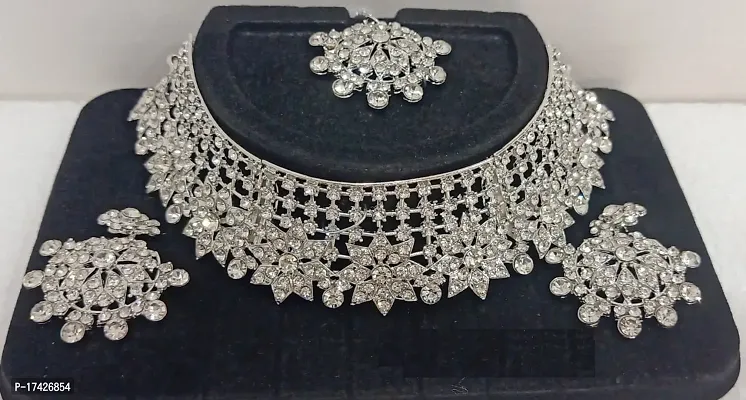 Semi Bridal Style Silver Plated AD Studded Fancy Choker Set With Earrings Mangtikka Set