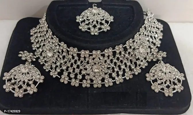 Silver Plated AD Studded Semi Bridal Set With Earring Mangtikka