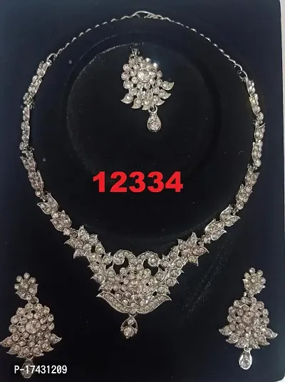 Floral Style AD Studded Fancy Necklace Set With Earring Mangtikka
