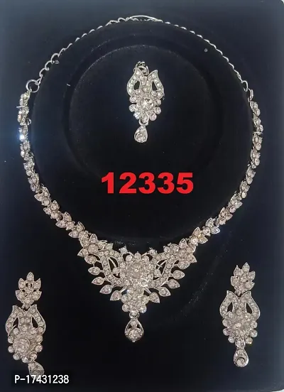 Floral Style AD Studded Fancy Necklace Set With earring Mangtikka