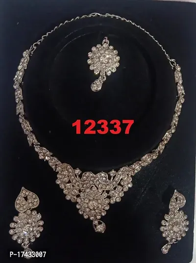 Floral Style AD Studded Fancy Necklace Set With Earring Mangtikka