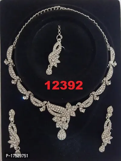 Floral Style American Diamond Studded Fancy Necklace Set With Earring Mangtikka-thumb0