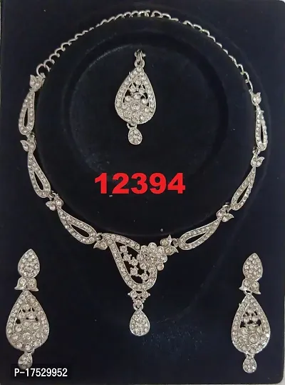 Floral Style American Diamond Studded Fancy Necklace Set With Earring Mangtikka