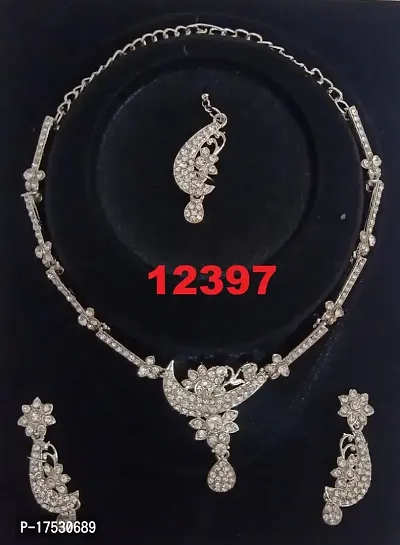 Floral Style American Diamond Studded Fancy Necklace Set With Earring Mangtikka
