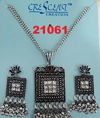 Oxidize  Silver Plated Fancy Long Necklace Set With Earrings-thumb1