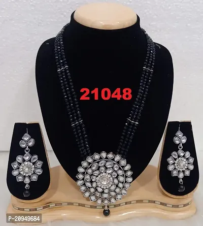 3 Line Crystal Black Pearl Mala With Silver Plated Crystal Stone Studded Long Necklace Set With Earrings