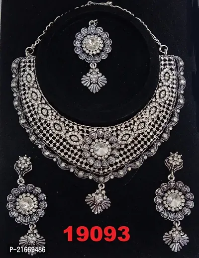 Oxidize Silver Plated  Bridal Style Necklace Set With Earrings Mangtikka