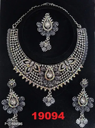 Oxidize Silver Plated  Bridal Style Necklace Set With Earrings Mangtikka