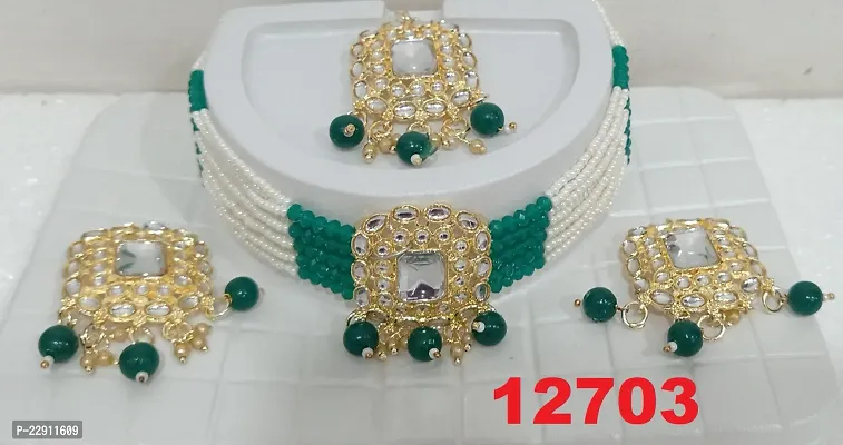 Green  White Pearl  Gold Plated  Choker Set With Earrings Mangtikka